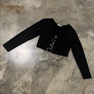 Black Long-Sleeve Cropped Top with Silver Chain Accent - Women